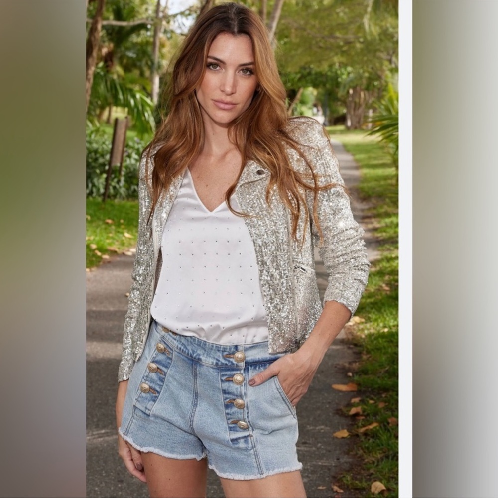 NEW COVETED GENERATION LOVE ROBIN SEQUIN MOTO JACKET-SILVER-